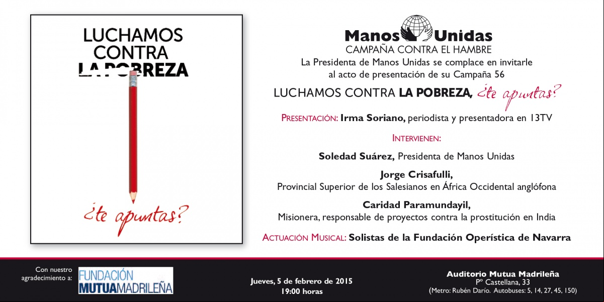 Invitación al Acto de Lanzamiento de Campaña 56 de Manos Unidas en Auditorio Mutua Madrileña