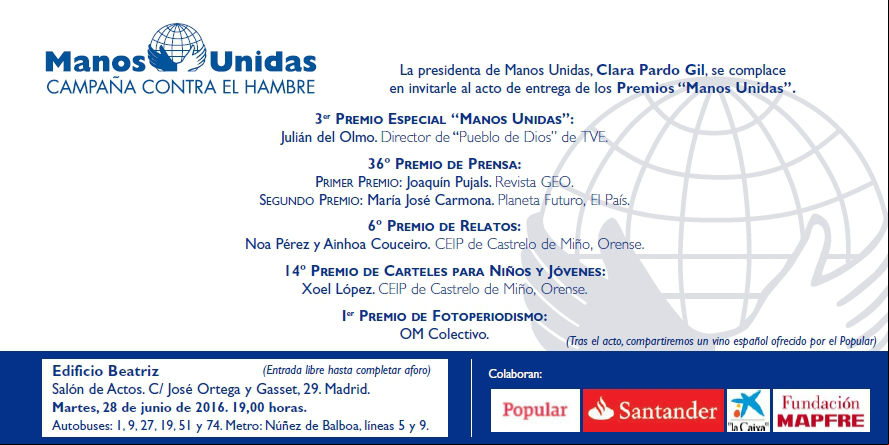 Invitación a los #PremiosManosUnidas