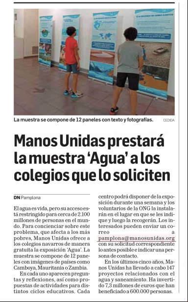 Diario de Navarra publica el ofrecimiento de la exposición del agua de Manos Unidas a los colegios de Navarra