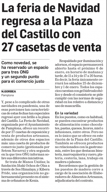 Manos Unidas acude a la Feria de Navidad del Ayuntamiento de Pamplona