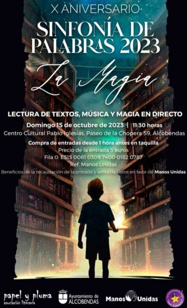 Cartel del espectáculo de Papel y Pluma 2023 en Alcobendas a beneficio de Manos Unidas