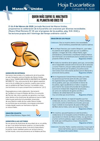 Hoja Eucarística Jornada Nacional de 2020. Manos Unidas