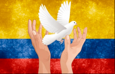 Ilustración de la paloma blanca de la paz sobre una bandera de Colombia
